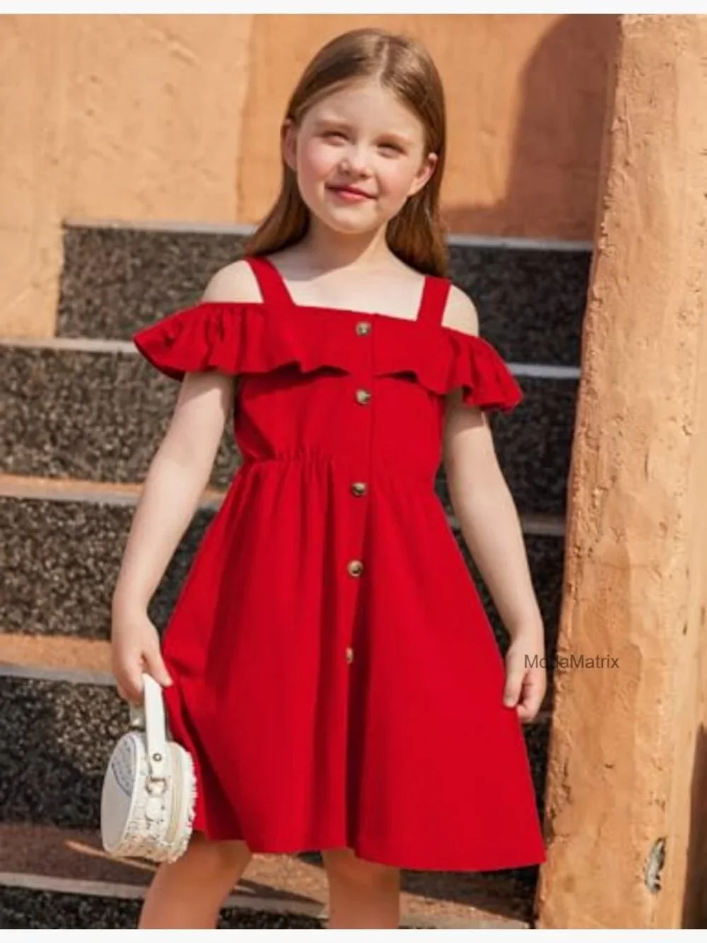Girls Spaghetti Strap Cold Shoulder Ruffle Button Down A-Line Midi Dress